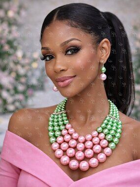 Pink Green Sorority Inspired AKA Pearl Statement Necklace Set